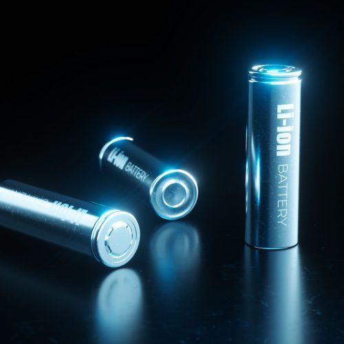 Close up concept of modern metal lithium ion battery cell used in electrical vehicle battery pack in blue light on black metal background. 3d rendering.